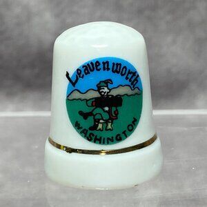 Leavenworth Washington Souvenir Porcelain Thimble With Gold Band & Scenic Design